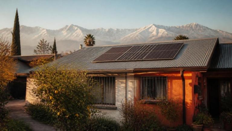 Casa en Santiago con paneles solares en el techo de zinc y la cordillera al fondo